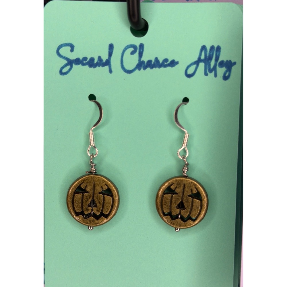 Handmade Bronze Pumpkin Jack-O-Lantern Dangle Earrings NEW